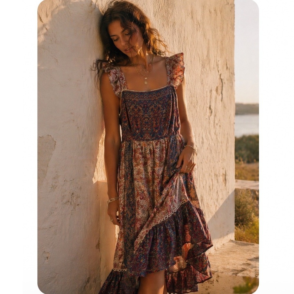 Haute Hippie Boho Paisley Maxi Dress Flutter Sleeve Open Back 12 PRAIRIE PEASANT